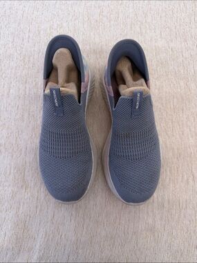 Skechers Slip-On Knit Sneakers in Heather Gray with Pastel Accents
